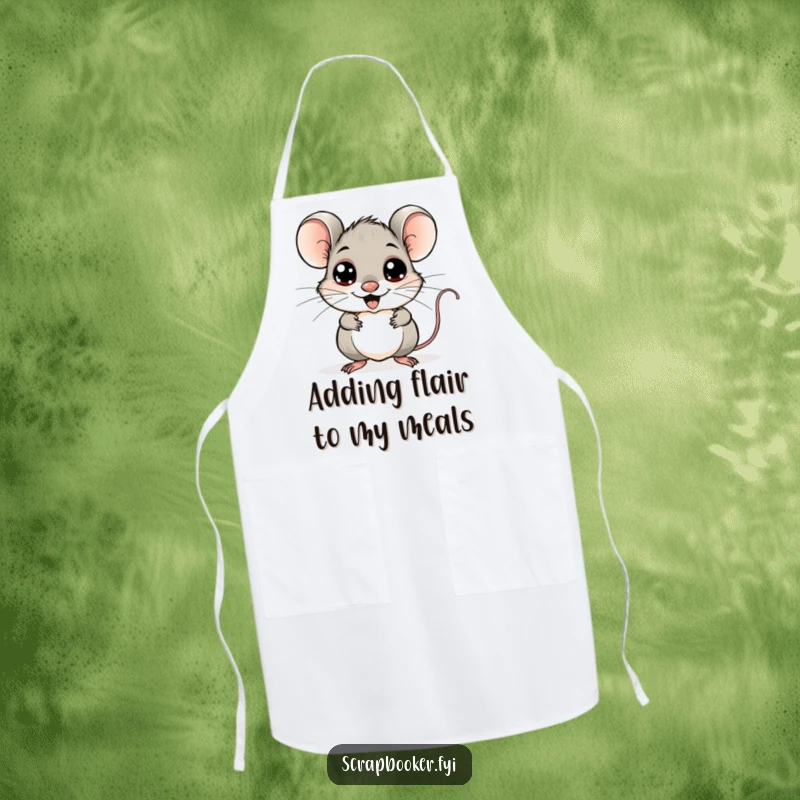 Funny mouse apron, cheerfully sticking googly eyes onto a whimsical drawing, ideal for creative and messy cooking.