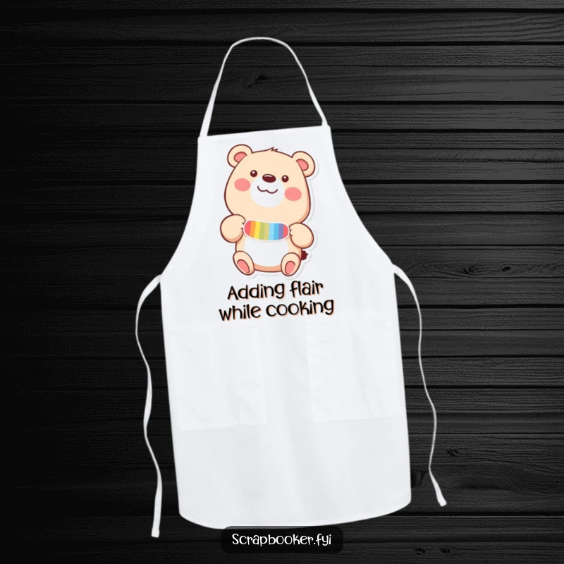 Funny apron with a happy bear adding a colorful sticker to a page with delight, ideal for crafting in the kitchen.