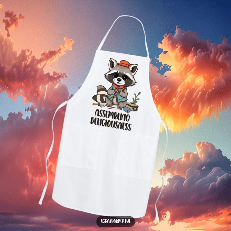 Funny raccoon apron, playfully crafting a layered collage with various materials, ideal for messy artistic projects.