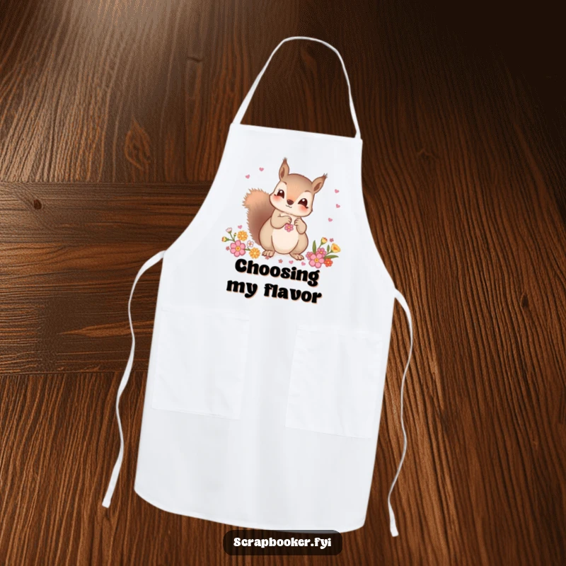 Funny apron featuring a curious squirrel carefully choosing decorative embellishments, designed for stylish and tidy decorating work.