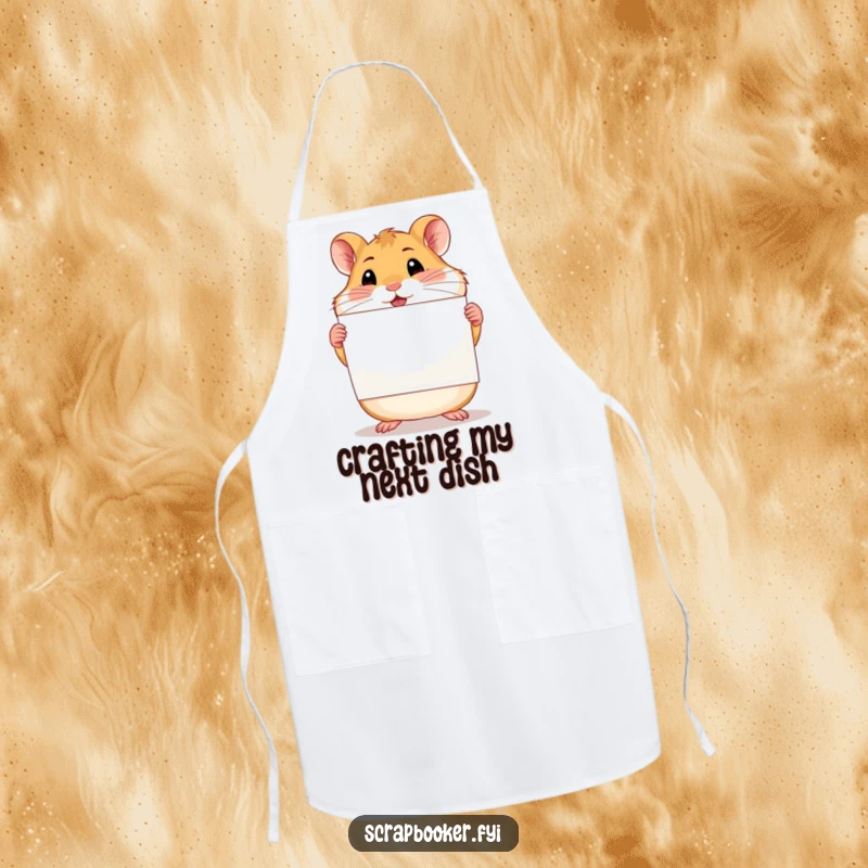 Funny proud hamster proudly holding a finished scrapbook page on a protective and humorous apron.