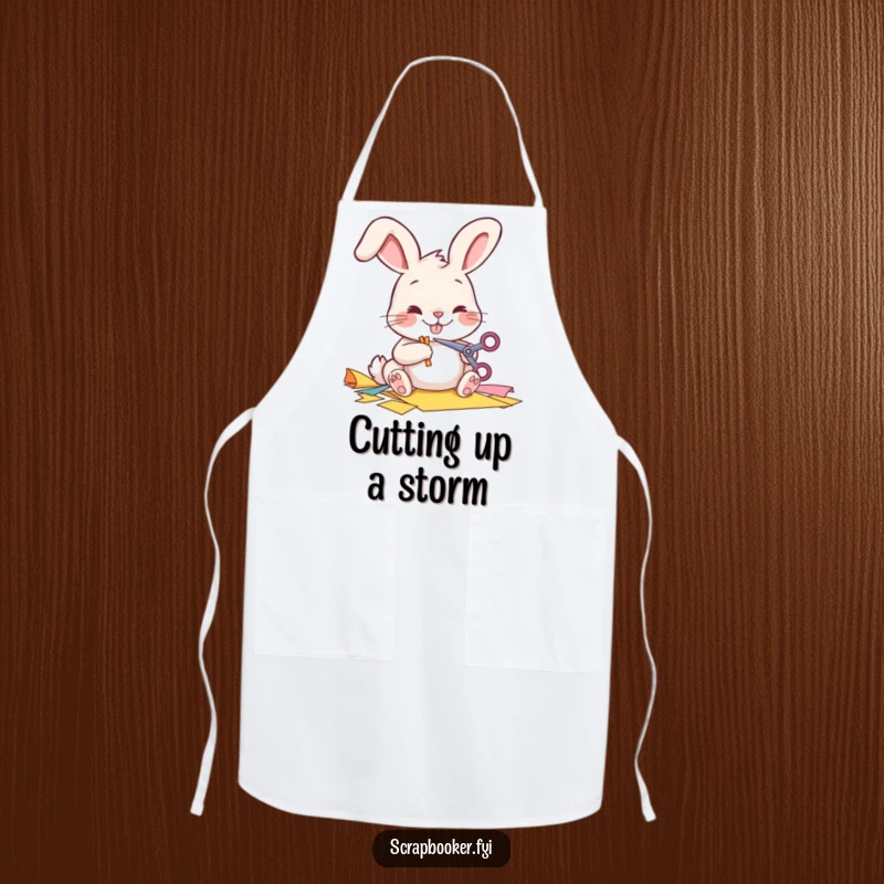 Funny Apron showing a cheerful bunny meticulously cutting paper, ideal for creative cooks.