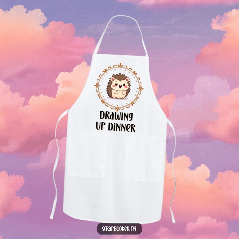 Funny hedgehog apron of a cheerful artist drawing a border, perfect for creative kitchen humor.