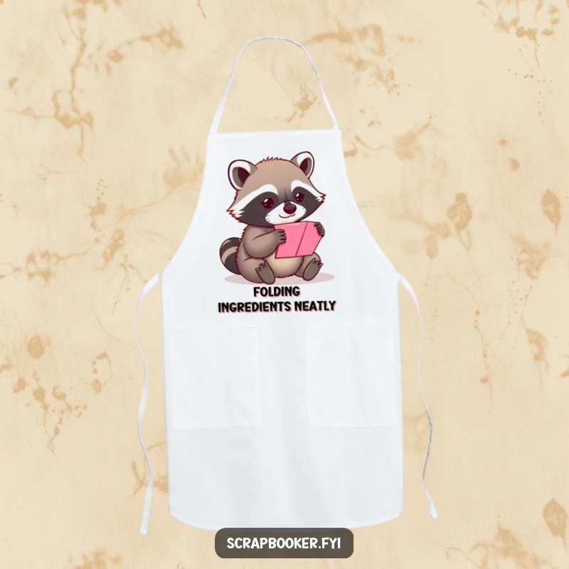Funny content raccoon folding a vibrant piece of paper on a protective and humorous apron.