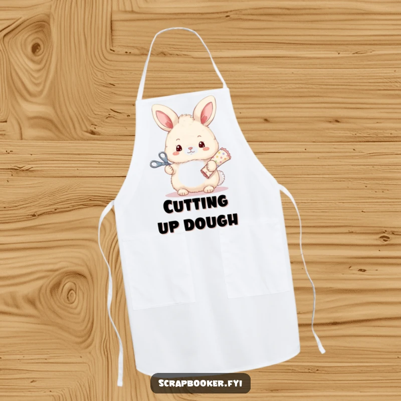 Funny apron showcasing a cute bunny with scissors and paper, protecting crafters from messes with a smile.