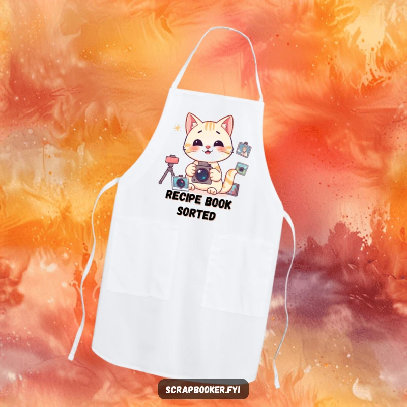Funny Apron showing a happy cat focused on organizing photographs, ideal for organized cooks.