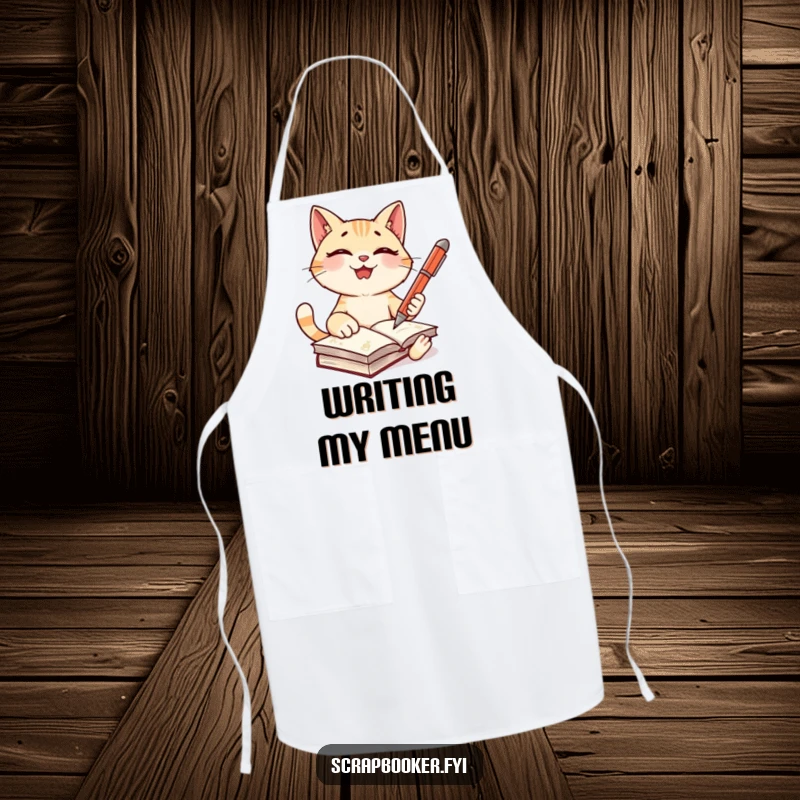 Funny cat apron of a giggling character holding a pen, ready to write in a journal, perfect for kitchen humor.