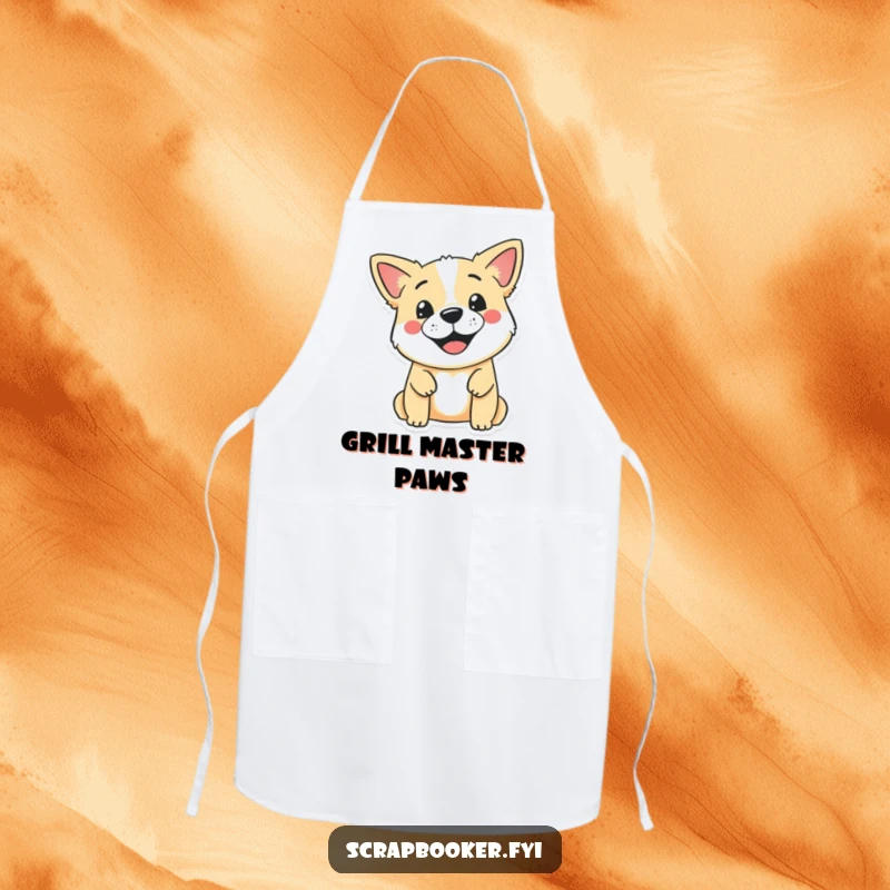 Funny apron featuring a smiling dog character stamping a cute design onto a blank page, combining kitchen protection and canine humor.