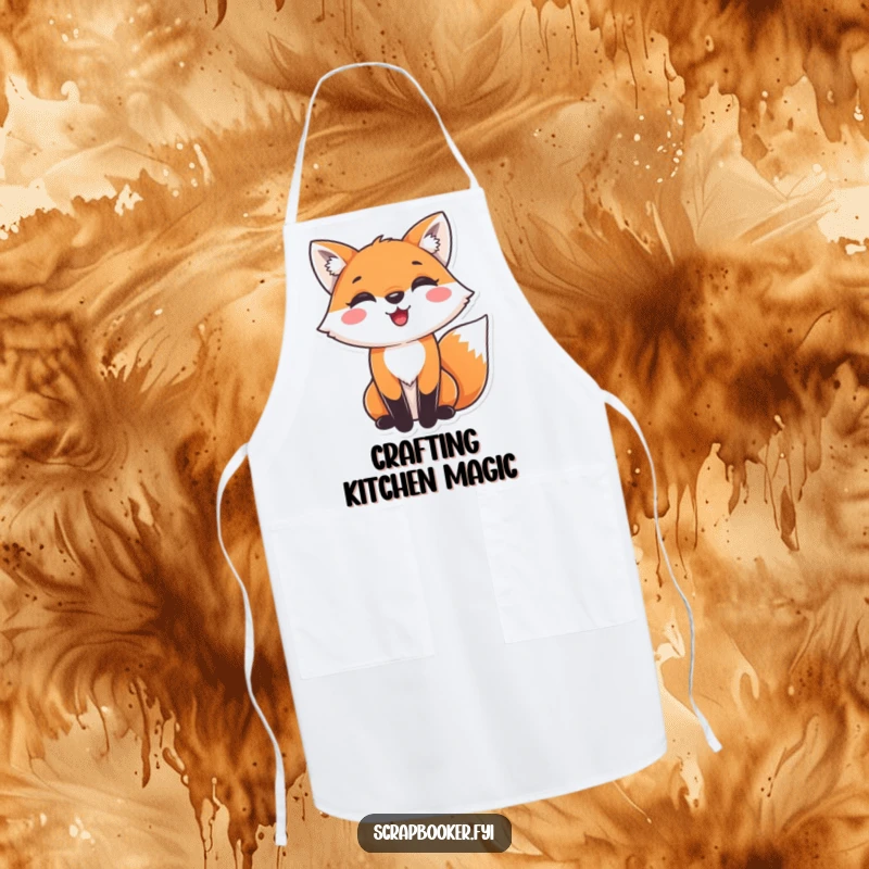 Funny fox apron with a delighted fox gluing decorative paper, ideal for kitchen fun and protection. Ideal gift.