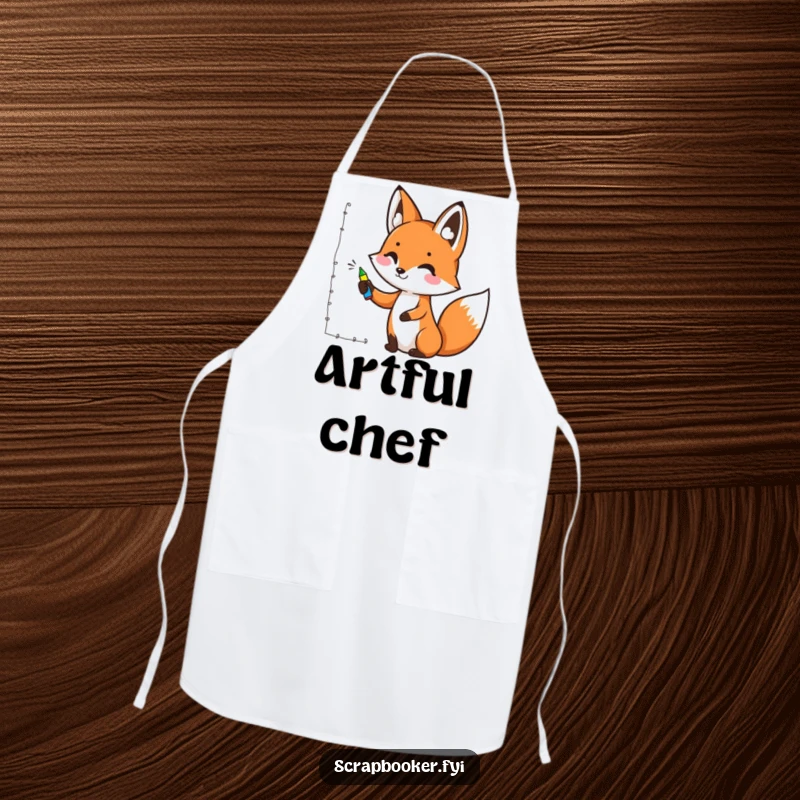 Funny apron featuring a cheerful fox artistically drawing a decorative border with a colorful marker, combining kitchen protection and humor.