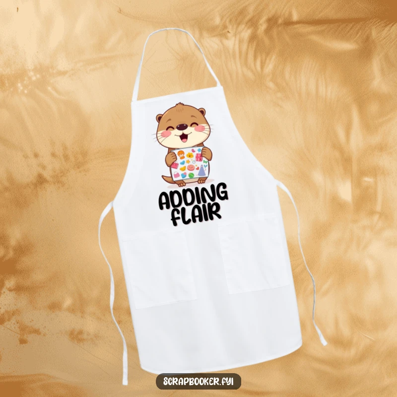 Funny Otter Apron: A cheerful otter holding a vibrant sticker sheet with gleeful anticipation, designed for the kitchen to add humor.