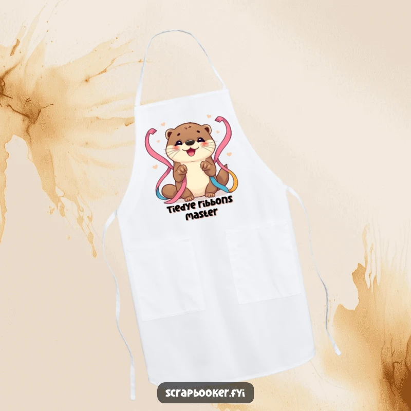 Funny Otter Apron: Durable apron showcasing a happy otter meticulously arranging vibrant ribbons, perfect for creative messes.