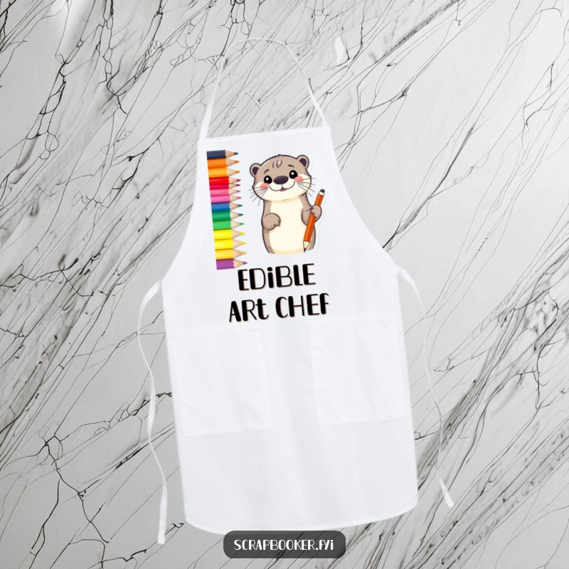 Funny otter apron showing a smiling otter sketching a border with a vibrant colored pencil, ideal for a creative cook.