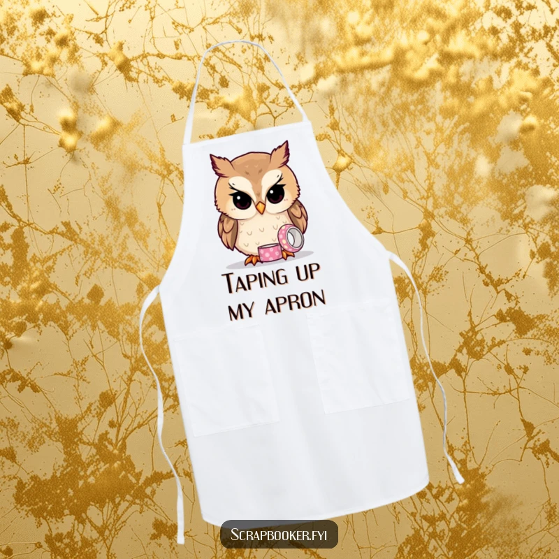 Funny owl apron showing a curious owl examining tape, perfect for kitchen or craft protection.