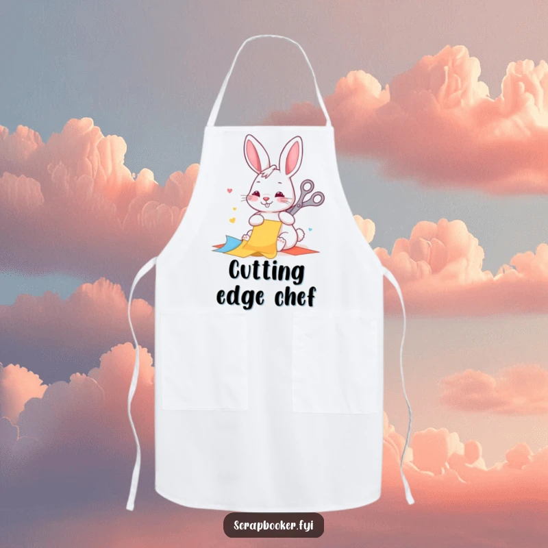 Funny apron featuring a happy rabbit diligently cutting colorful paper with scissors, protecting crafters with a splash of humor.
