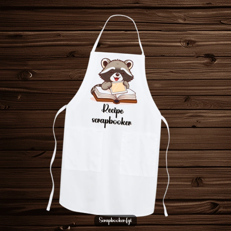 Funny Raccoon Apron featuring a delighted raccoon carefully pasting a photo into a book, great for crafting protection.