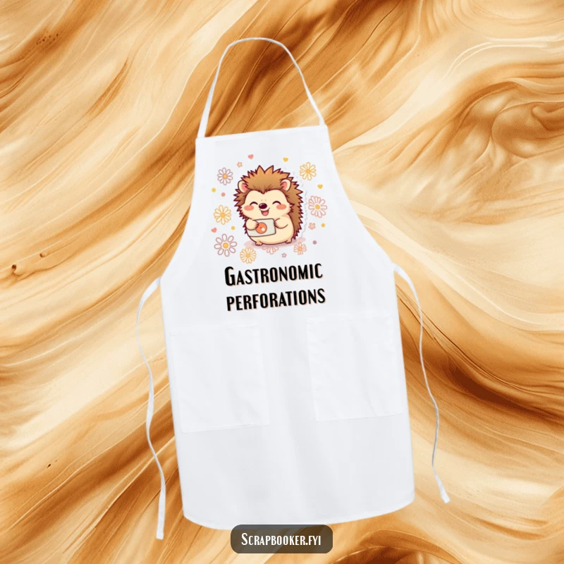 Funny apron showing a joyful hedgehog happily using a hole punch to create decorative patterns, ideal for crafters.