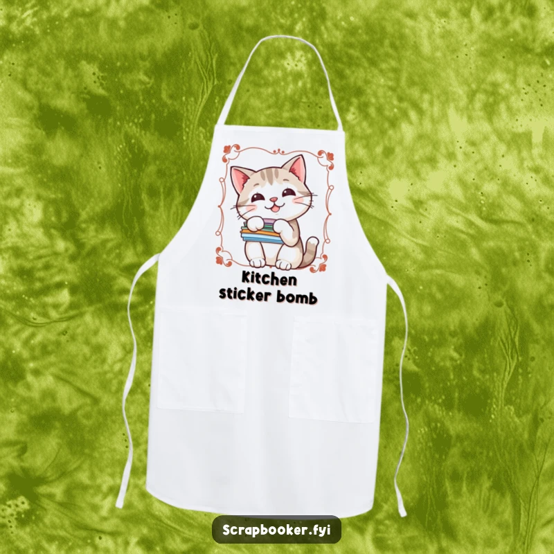 Funny apron showcasing a cheerful cat with stickers, perfect for kitchen duty with a dose of feline humor.