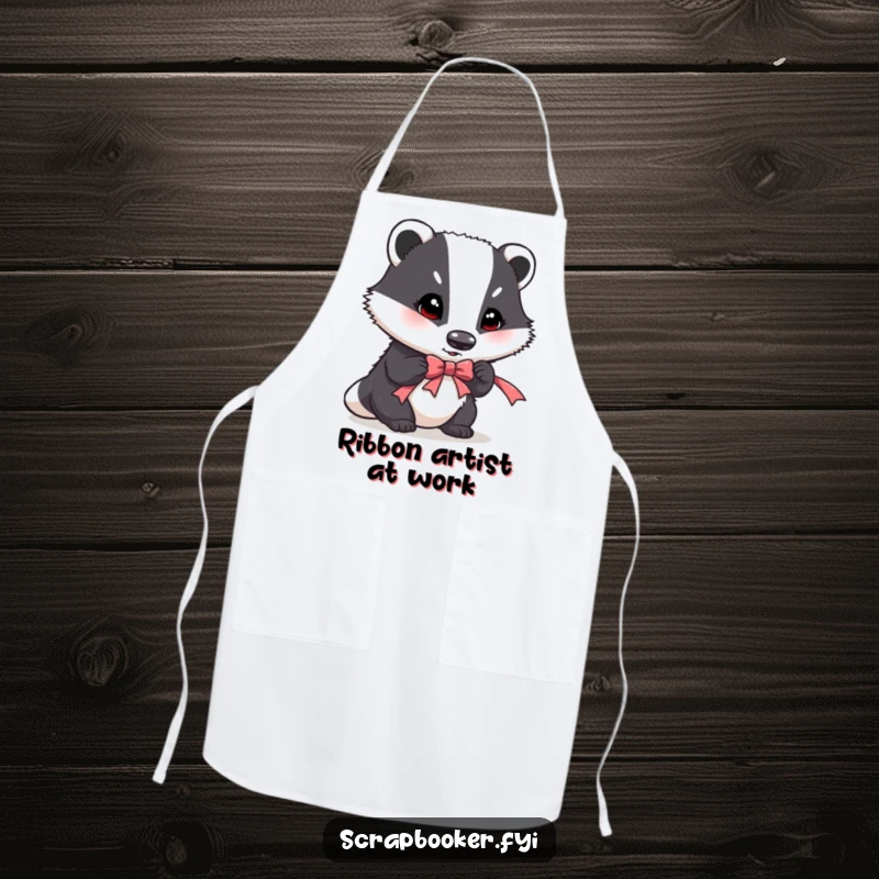 Funny apron featuring a determined badger meticulously placing a ribbon accent, perfect for protecting clothes during crafts.