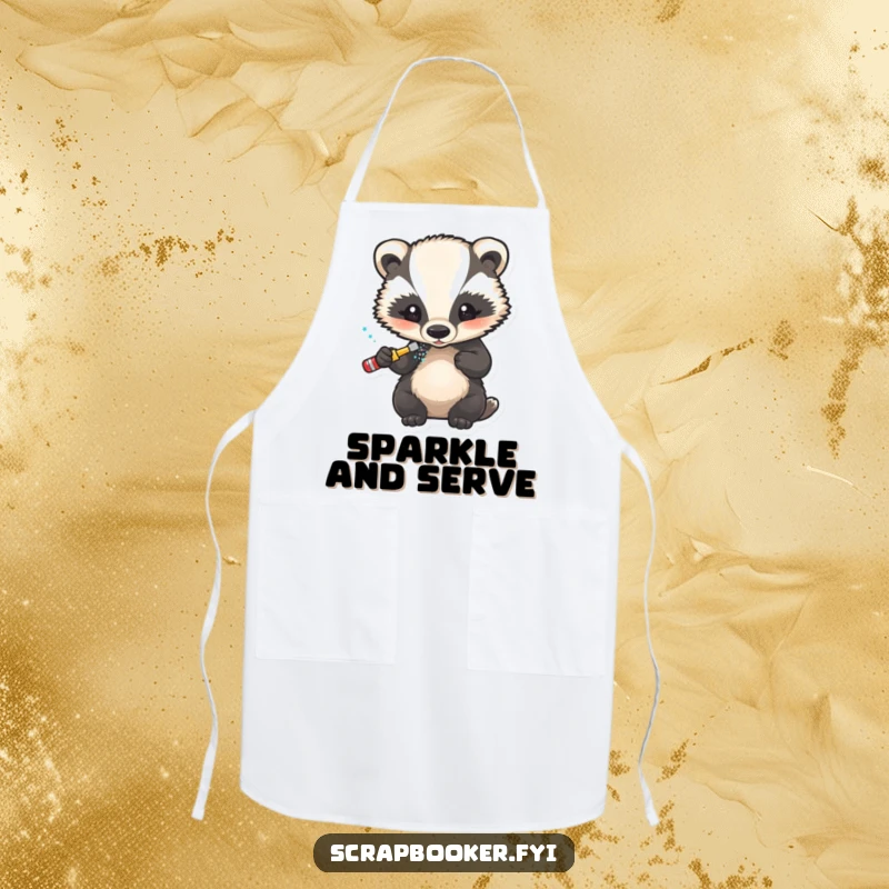 Funny apron showing a little badger carefully applying glitter to a finished design, ideal for crafters.