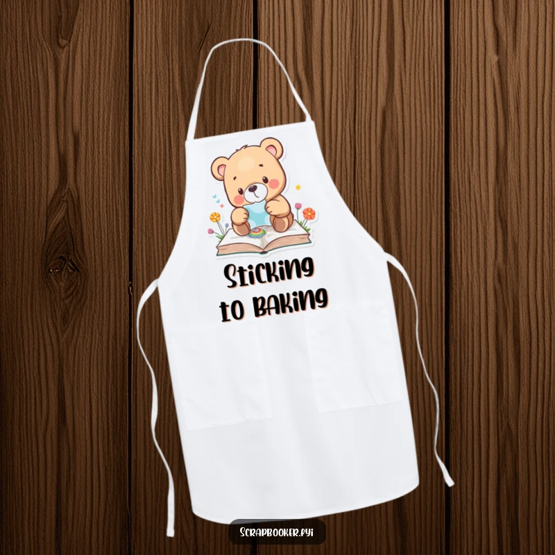 Funny bear apron with a bear carefully placing a sticker, ideal for kitchen creativity and protection. Ideal gift.