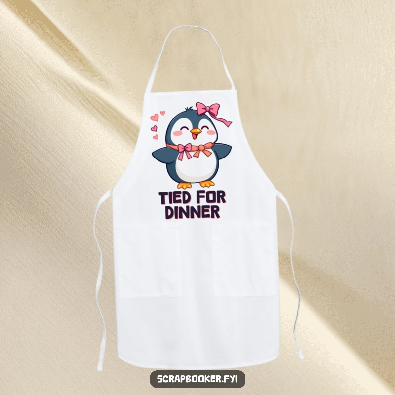Funny penguin apron of a beaming character adding ribbons and bows, perfect for festive kitchen activities.