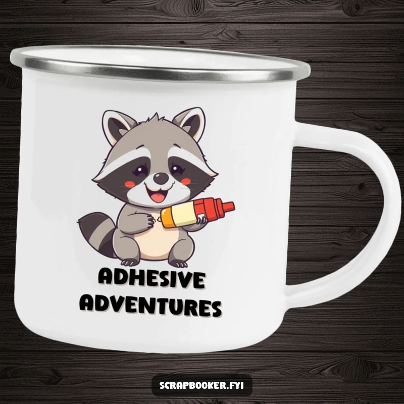 Funny enamel camping mug with a mischievous raccoon grinning while holding a glue stick, great for outdoor crafting humor.