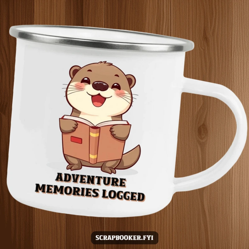 Funny otter scrapbook camping mug with a delighted otter, ideal for outdoor crafting and as a funny gift.