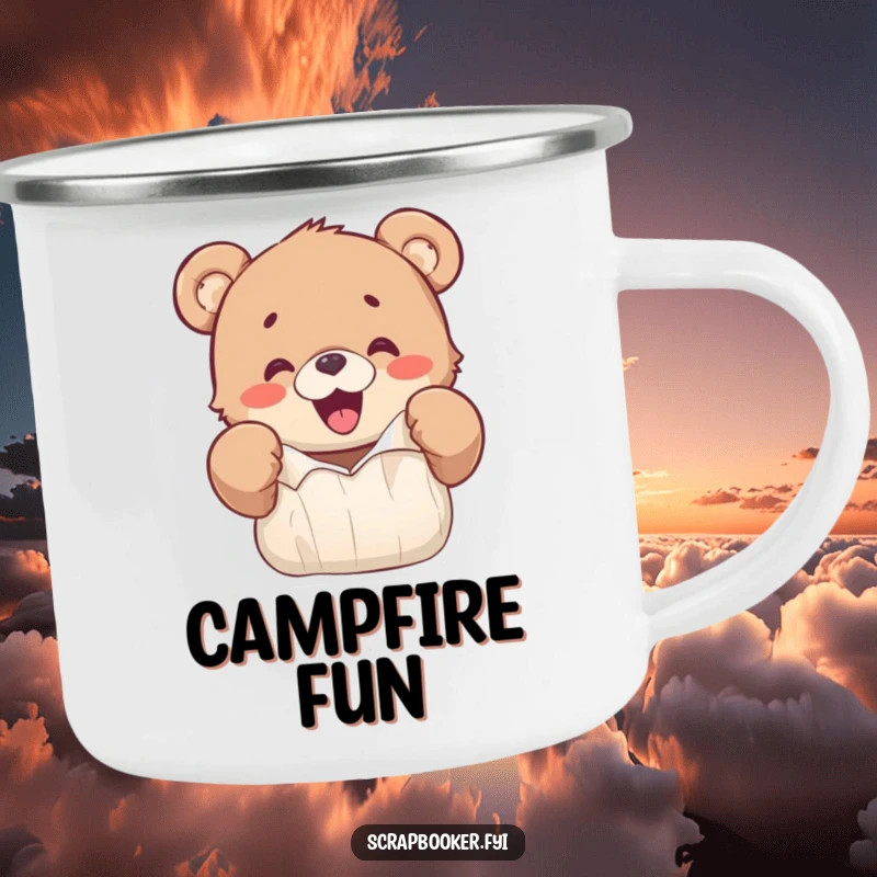 Funny camping mug featuring a happy bear cub excitedly ripping colorful paper with its paws, for outdoor play.