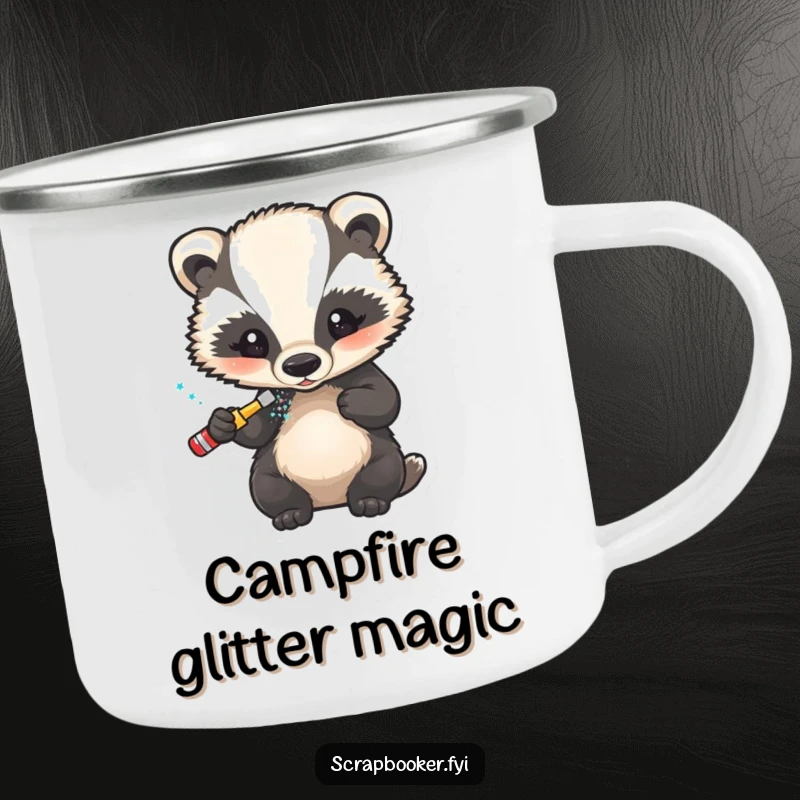 Funny camping mug with a little badger carefully applying glitter to a finished design, perfect for crafters.
