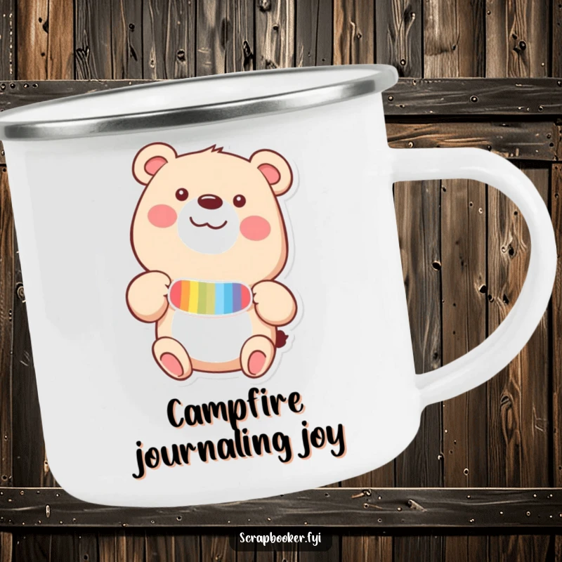 Funny camping mug with a happy bear adding a colorful sticker to a page with delight, perfect for outdoor crafting.