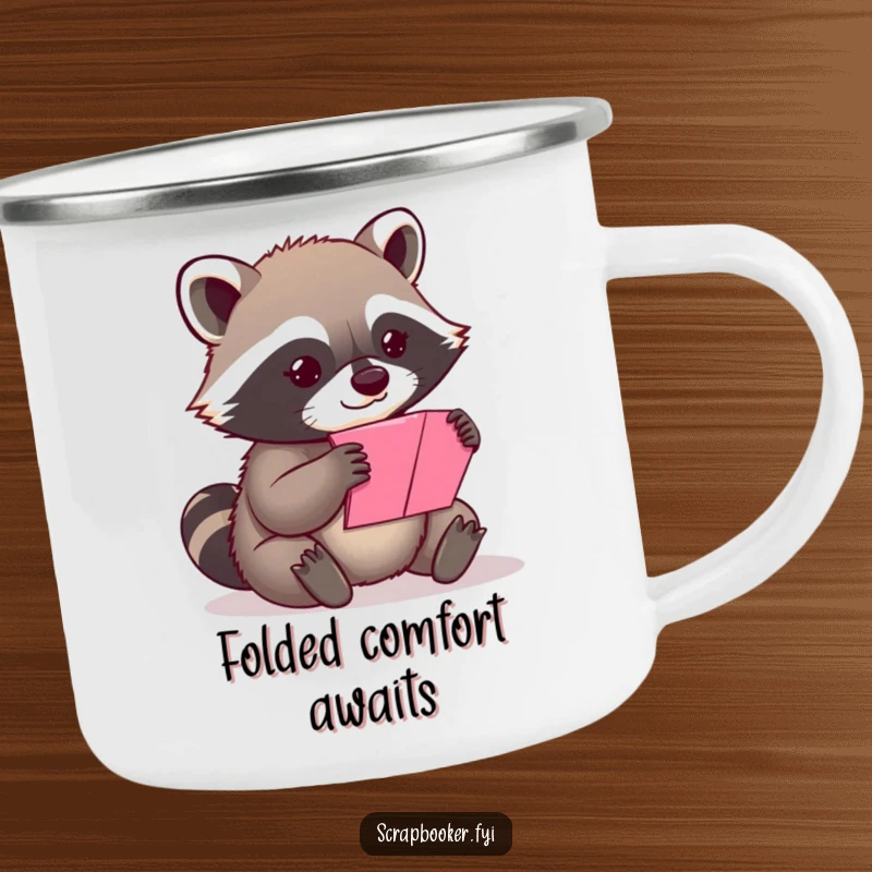 Funny content raccoon carefully folding a vibrant piece of paper on a sturdy camping mug.