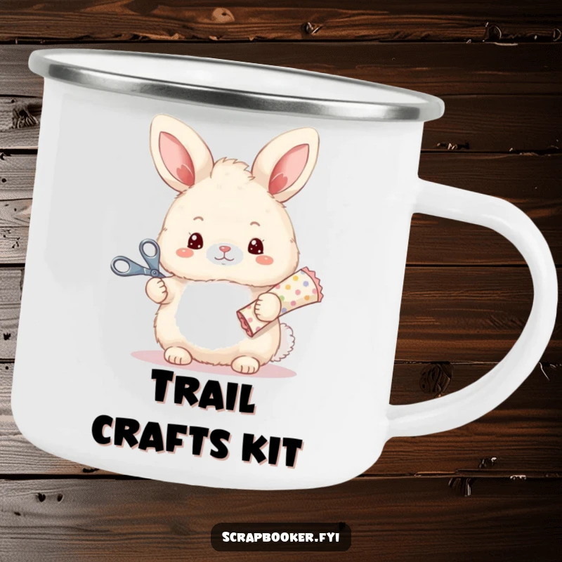 Funny camping mug featuring a bunny with crafting scissors and paper, ideal for enjoying beverages in the great outdoors.