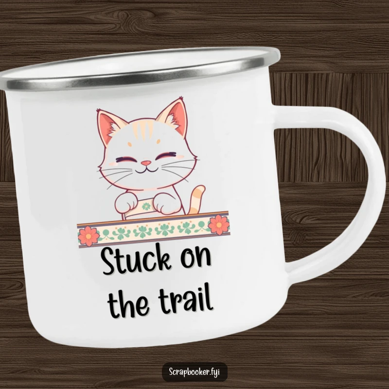 Funny cat tape camping mug with a smirking cat, ideal for outdoor fun and as a funny gift.