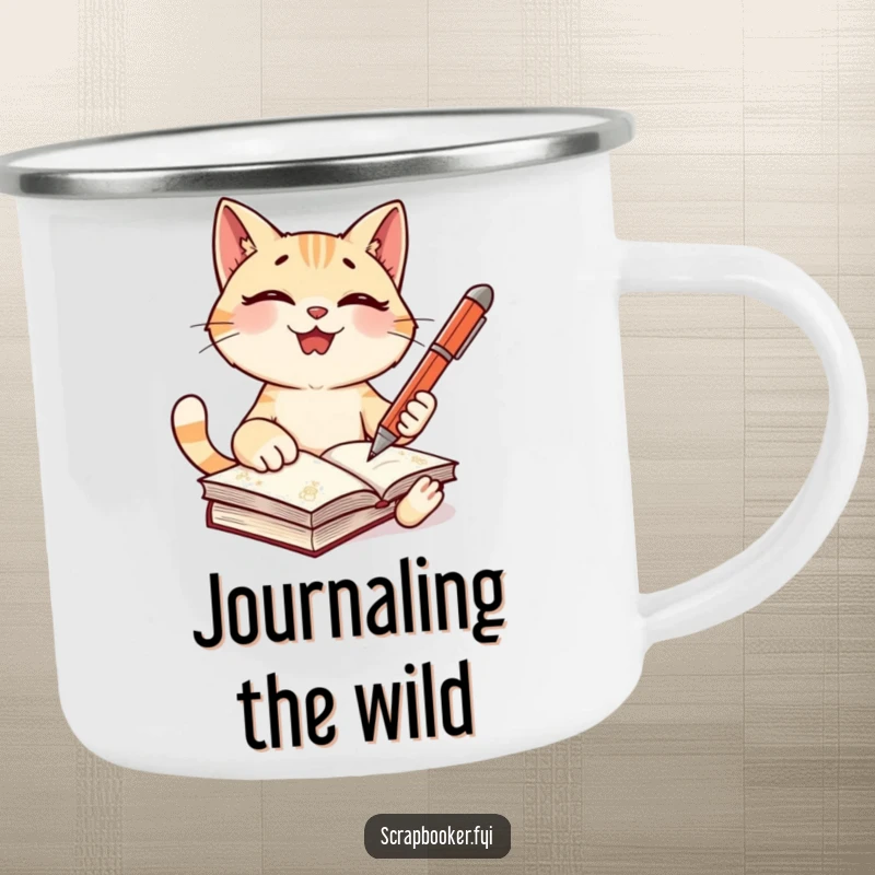 Funny cat camping mug featuring a giggling character with a pen, ready to journal, ideal for outdoor writing humor.