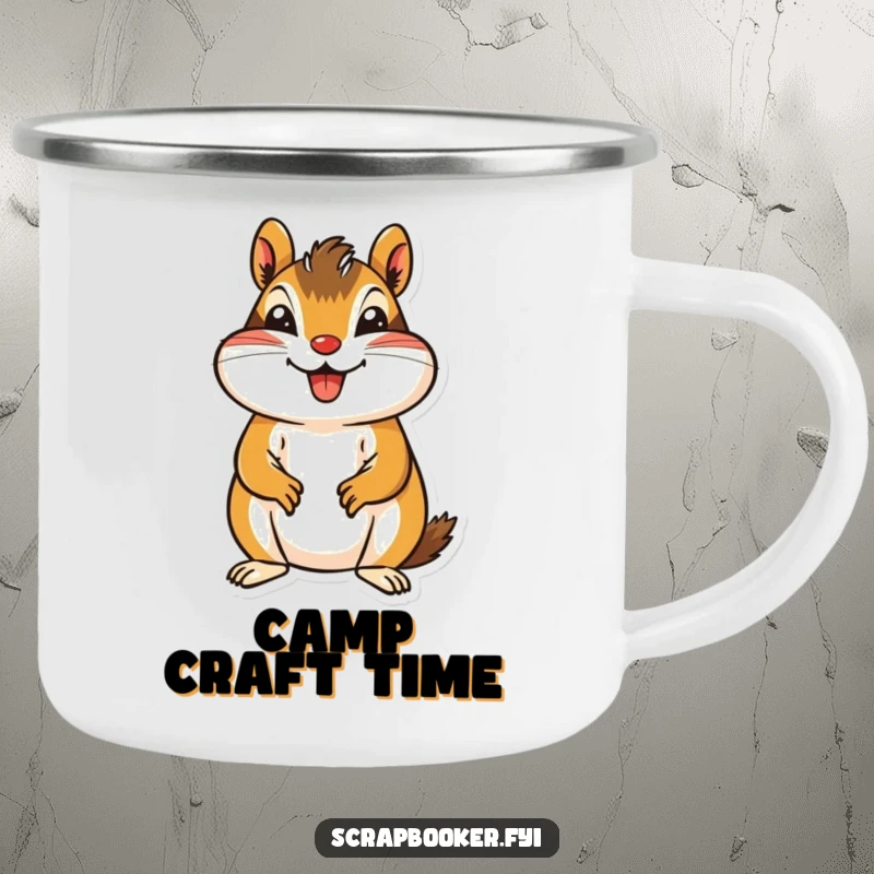 Funny Chipmunk Camping Mug showing a jovial chipmunk carefully cutting a patterned paper shape, perfect for outdoor use.