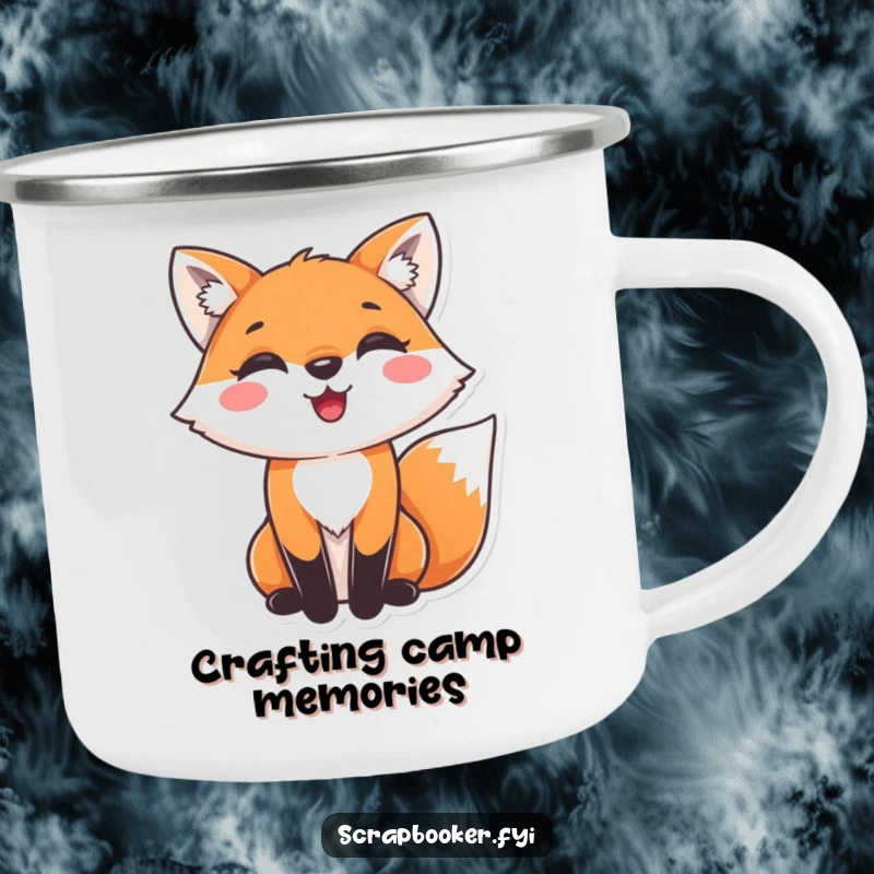Funny fox camping mug featuring a delighted fox gluing decorative paper, perfect for outdoor enjoyment. Ideal gift.