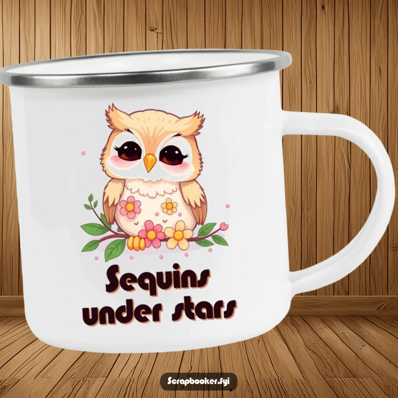 Funny giggling owl busy at work arranging flower sequins on a sturdy camping mug, ready for outdoor fun.