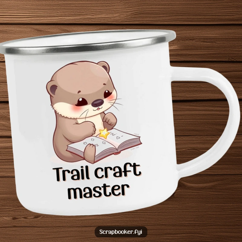 Funny camping mug featuring a cute otter character carefully gluing a shiny embellishment onto a craft page, perfect for outdoor humor.