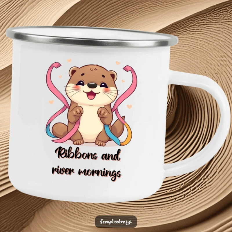 Funny Otter Camping Mug: Sturdy mug with a joyful otter artist arranging colorful ribbons, ready for outdoor adventures.