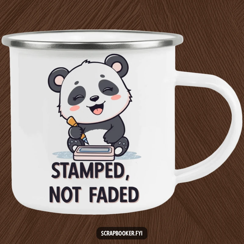 Funny enamel camping mug with a giggling panda stamping a pattern with an ink pad, great for outdoor joy.