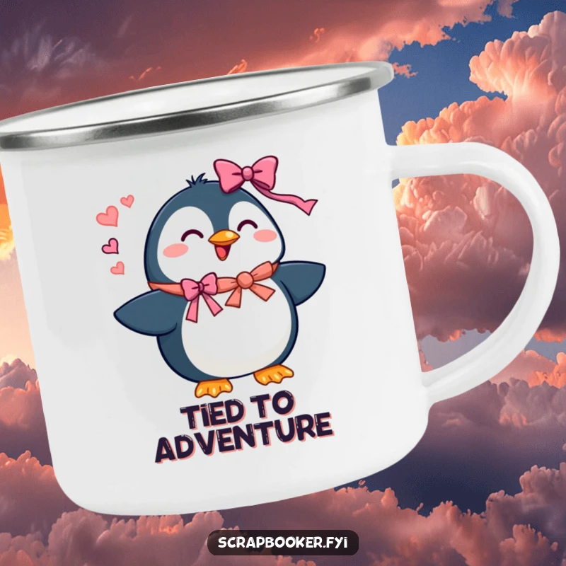 Funny penguin camping mug featuring a beaming character adding ribbons and bows, ideal for festive outdoor humor.
