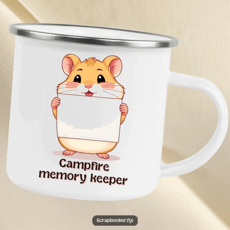 Funny proud hamster holding a completed scrapbook page on a sturdy camping mug, ideal for outdoor crafting.
