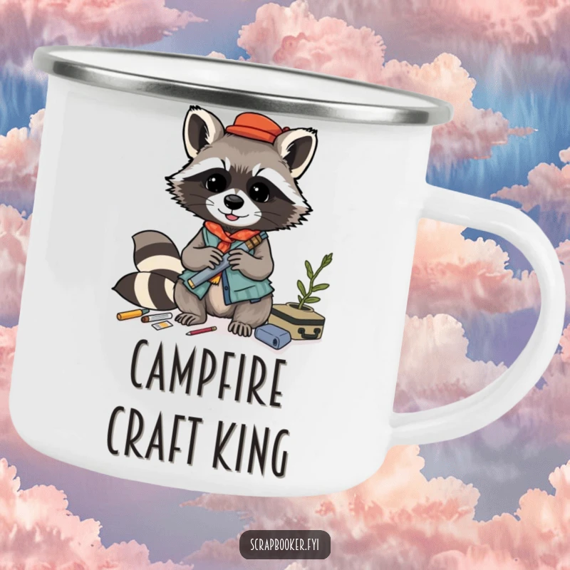 Funny raccoon camping mug, playfully crafting a layered collage with various materials, ideal for outdoor art lovers.
