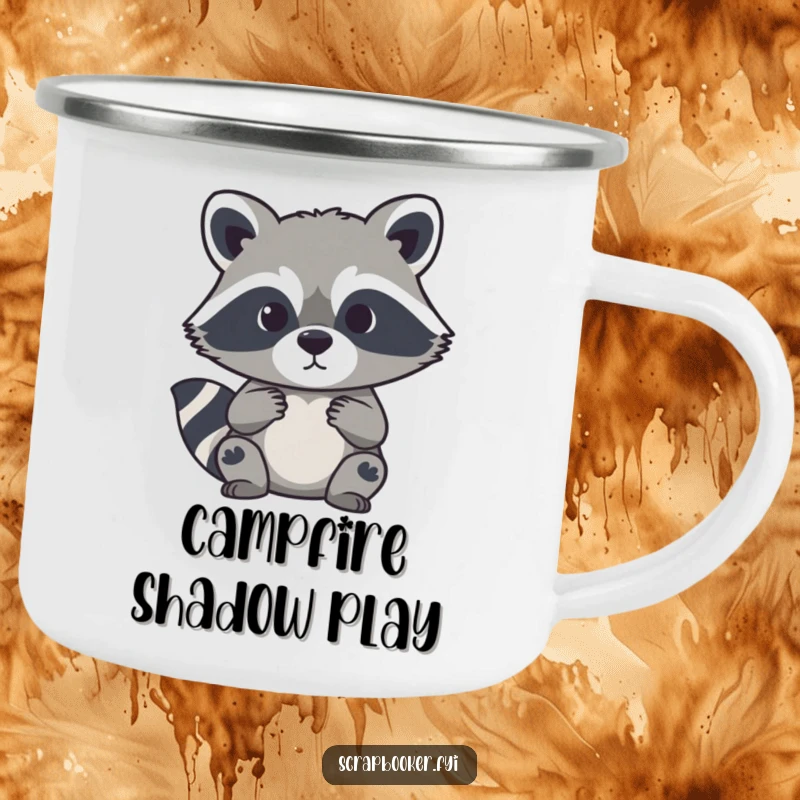Funny camping mug with a curious raccoon carefully cutting a paper silhouette, perfect for outdoor enthusiasts.