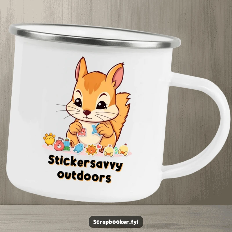Funny camping mug with a determined squirrel focused on sticker art, perfect for outdoor enthusiasts and crafters.