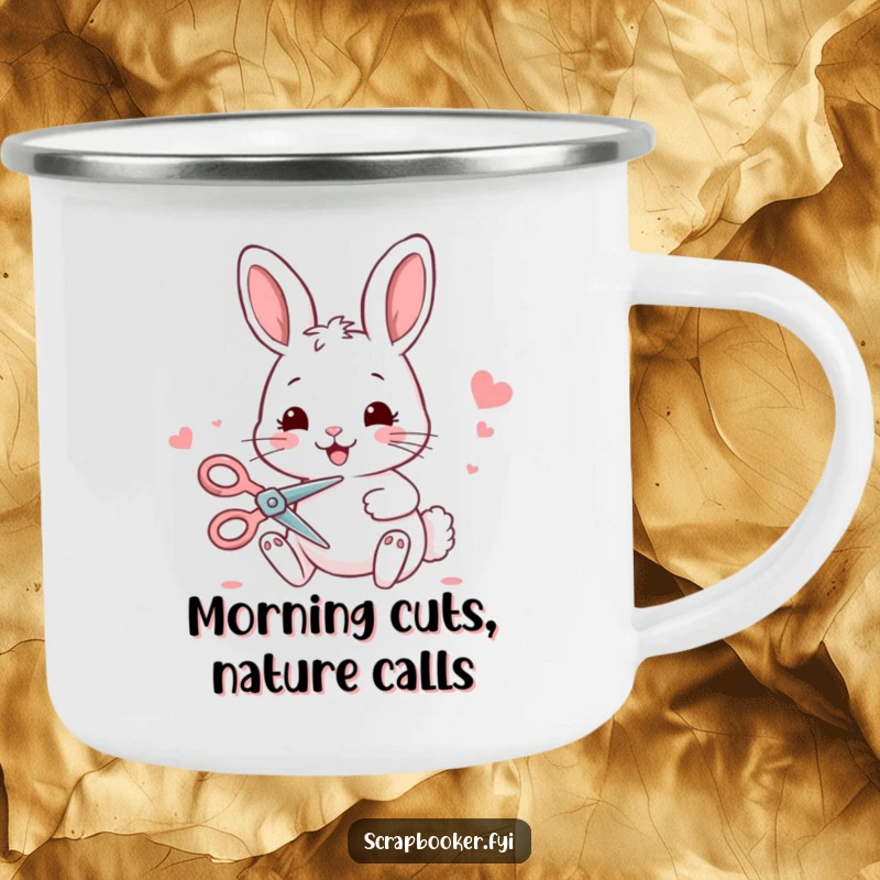 Funny bunny camping mug depicting a cheerful bunny with scissors, ideal for outdoor crafting sessions.