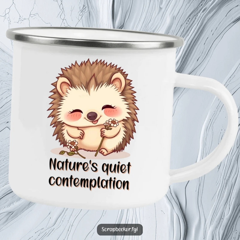 Funny hedgehog camping mug with a giggling creature carefully placing a tiny dried flower, ideal for outdoor art lovers.