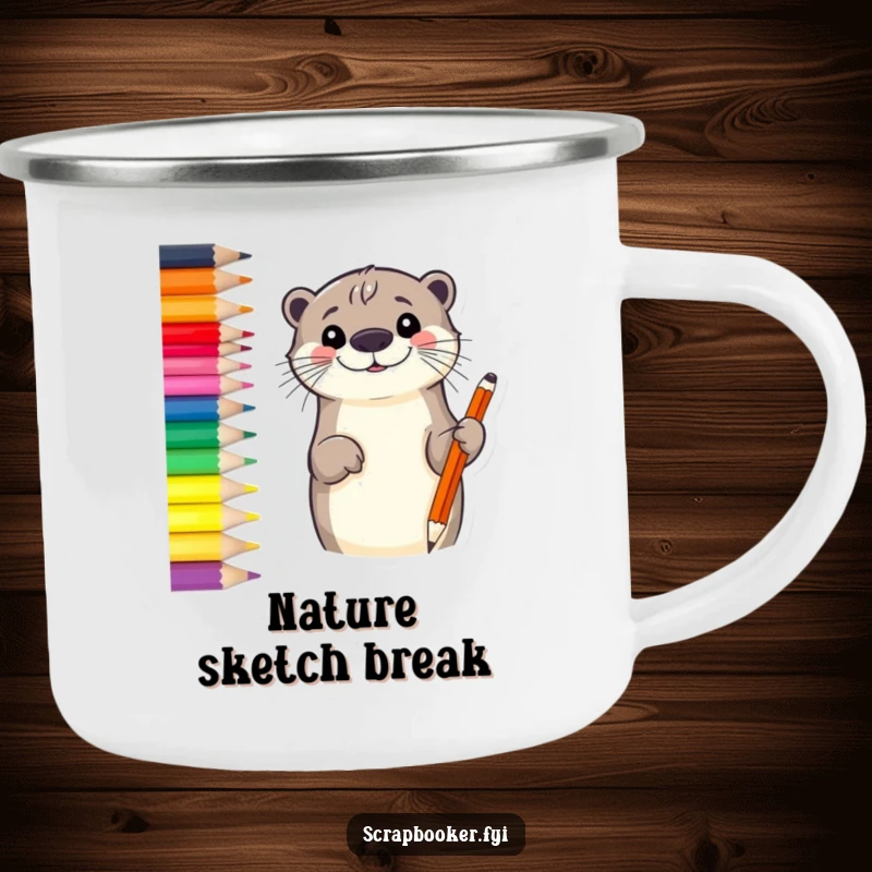 Funny otter camping mug showing a smiling otter sketching a border with a vibrant colored pencil, great for outdoor art.