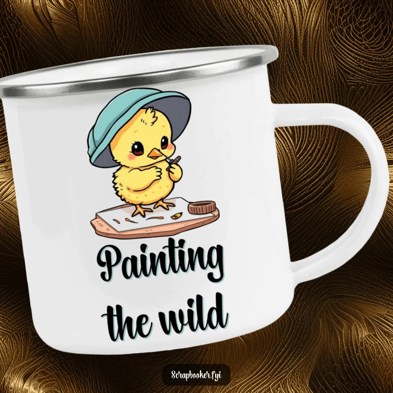 Funny chick camping mug featuring a curious character painting card details, ideal for outdoor crafting humor.
